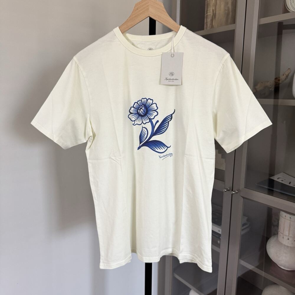 Knickerbocker NYC Motif Blue Flower Short Sleeve Cotton Ivory T-Shirt S NEW Tee